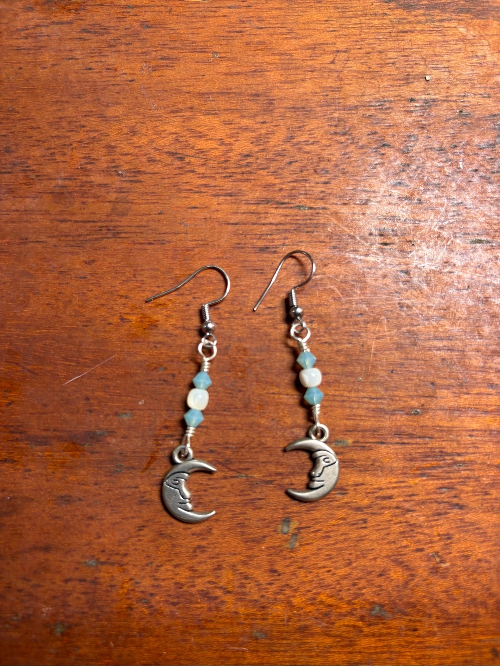 Silver Moon Charm Drop Earrings with Blue Soroky and Mother of Pearl Beads